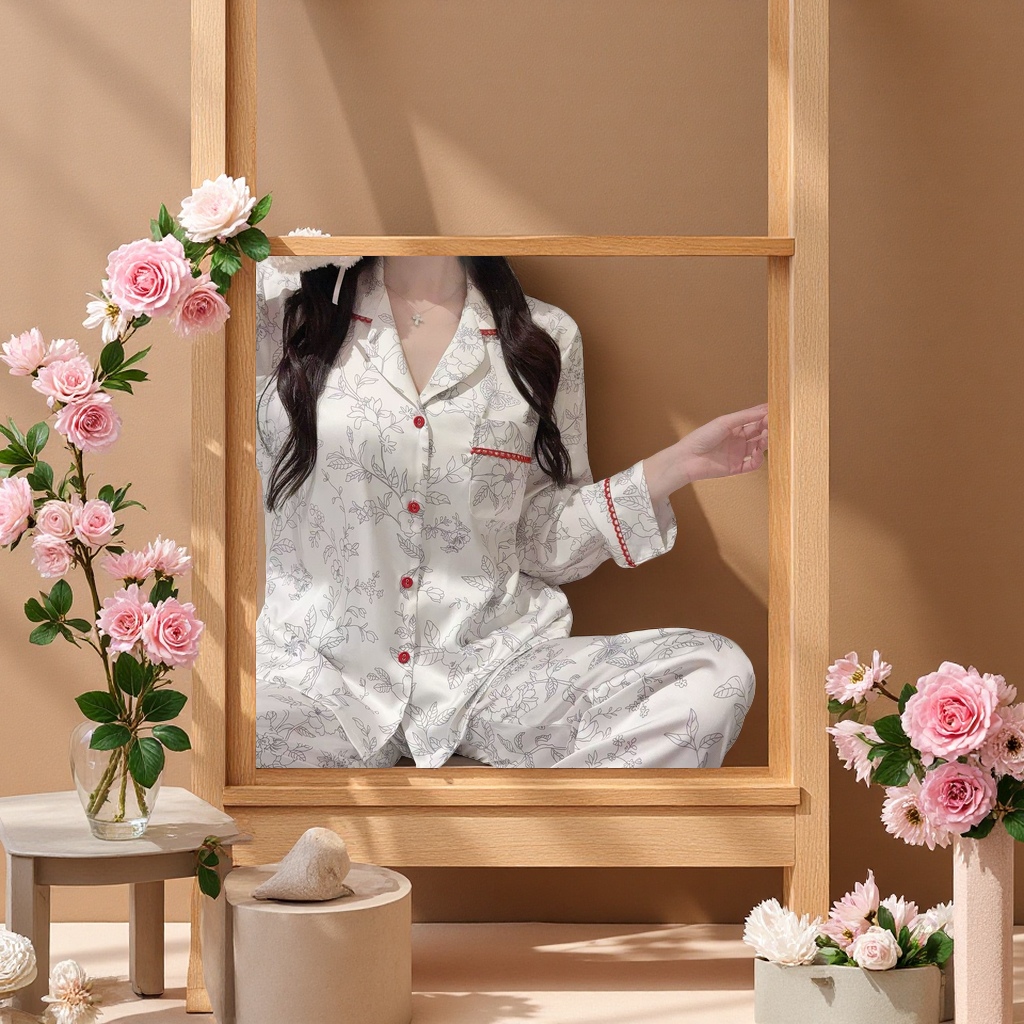 春秋季新款翻领开衫女睡衣套装高级感拼接花边甜美印花家居服