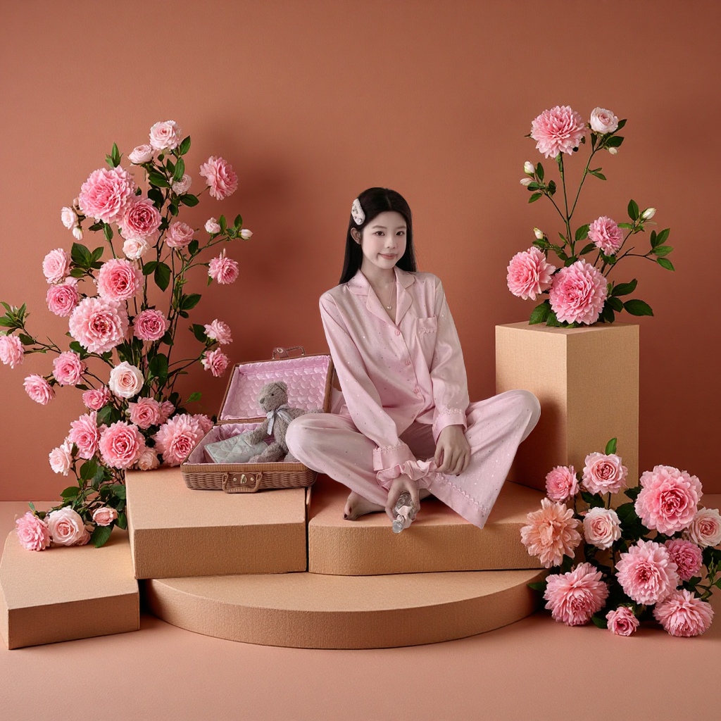 新款褶皱云朵棉睡衣女生春夏季印花翻领纯色家居服套装细节图