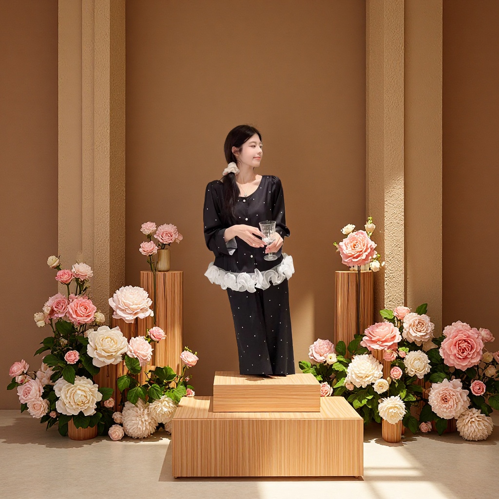 春夏女士凉感睡衣莱赛尔蕾丝高级感长袖可外穿家居服套装产品图