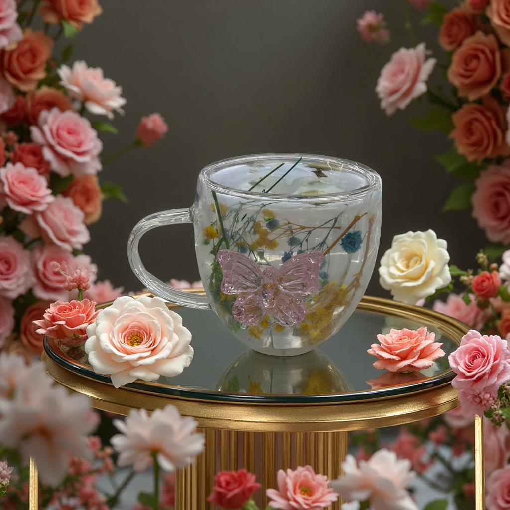 Double-layer flower glass cup with lid, 180ml heat-insulating and anti-scald water cup, home and office cup