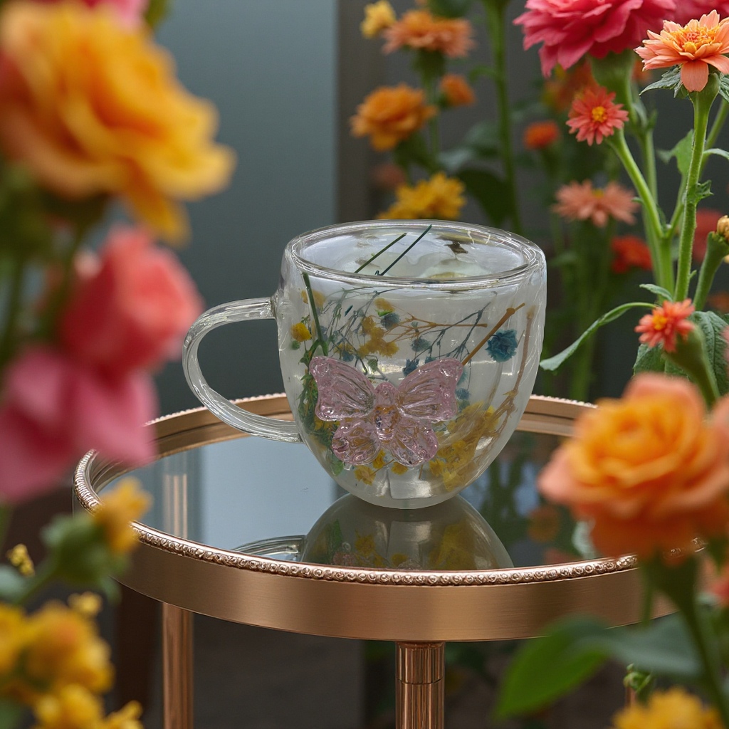 Double-layer flower glass cup with lid, 180ml heat-insulating and anti-scald water cup, home and office cup Specification image