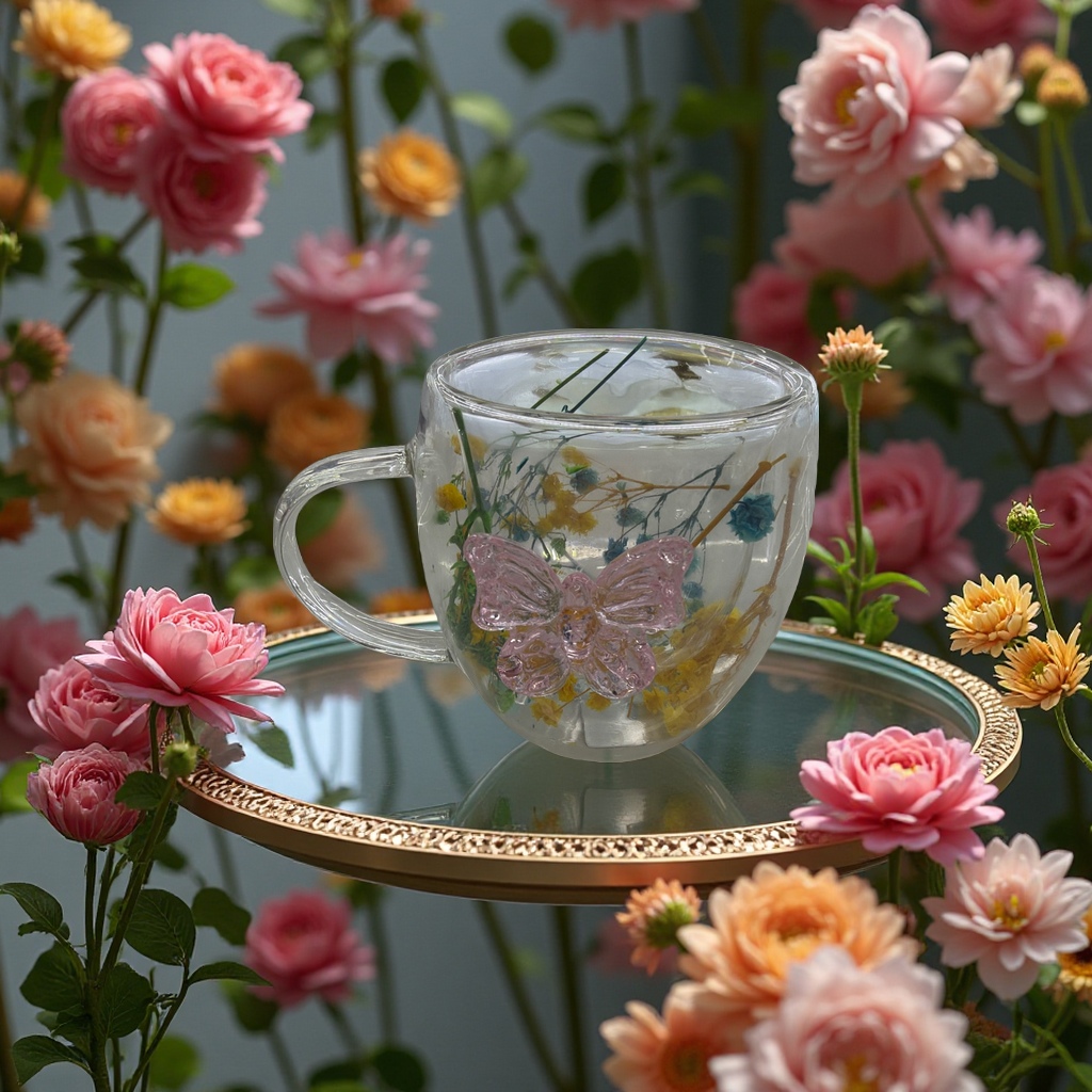 Double-layer flower glass cup with lid, 180ml heat-insulating and anti-scald water cup, home and office cup details Picture
