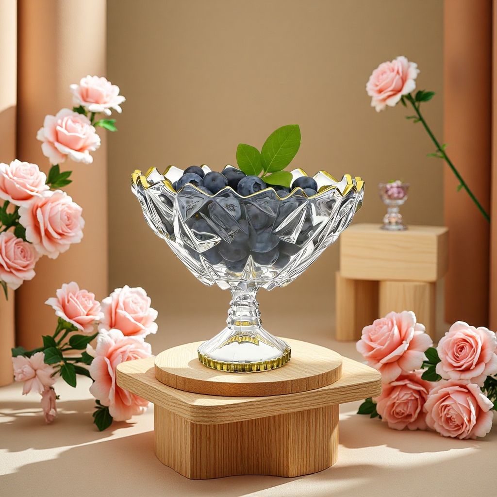 Gold-rimmed high-footed glass fruit platter, exquisitely decorated and tableware for home use, a new style