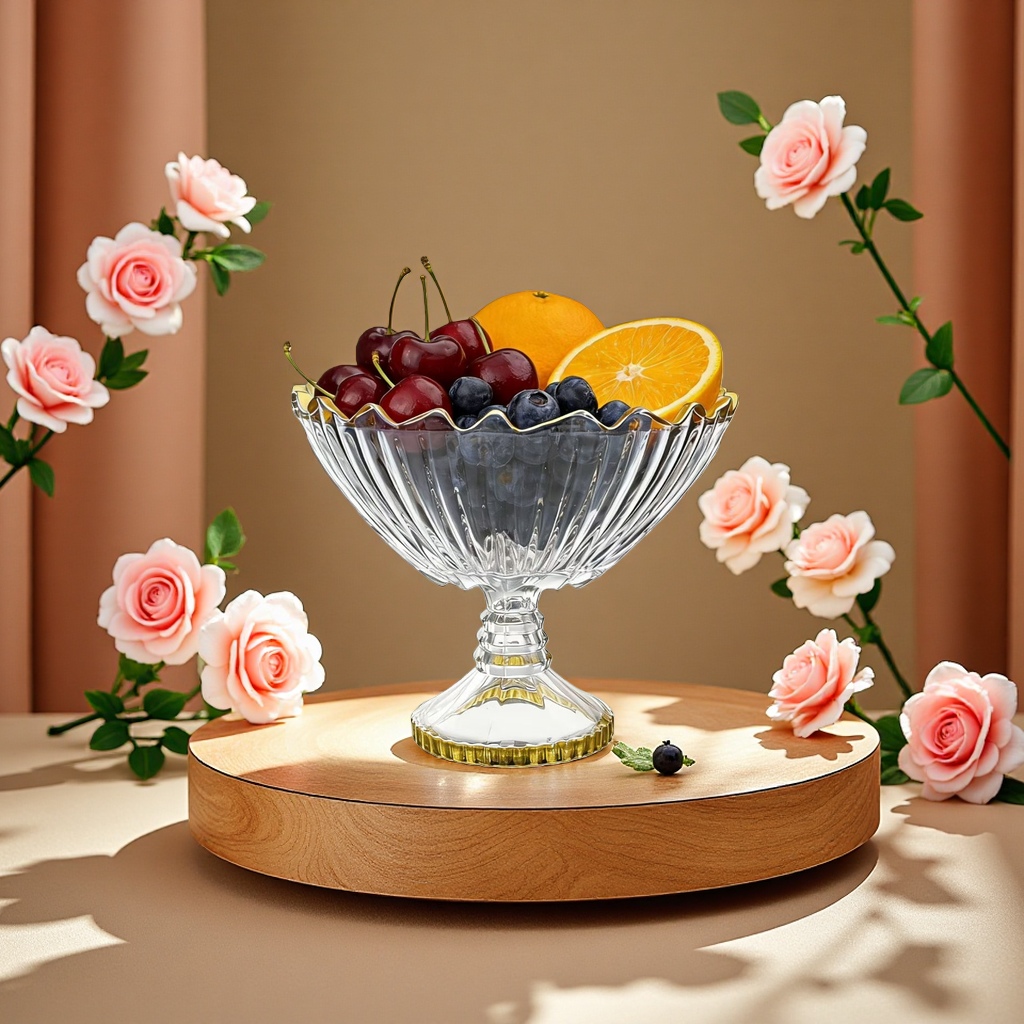 Gold-rimmed high-footed glass fruit platter, exquisitely decorated and tableware for home use, a new style details Picture