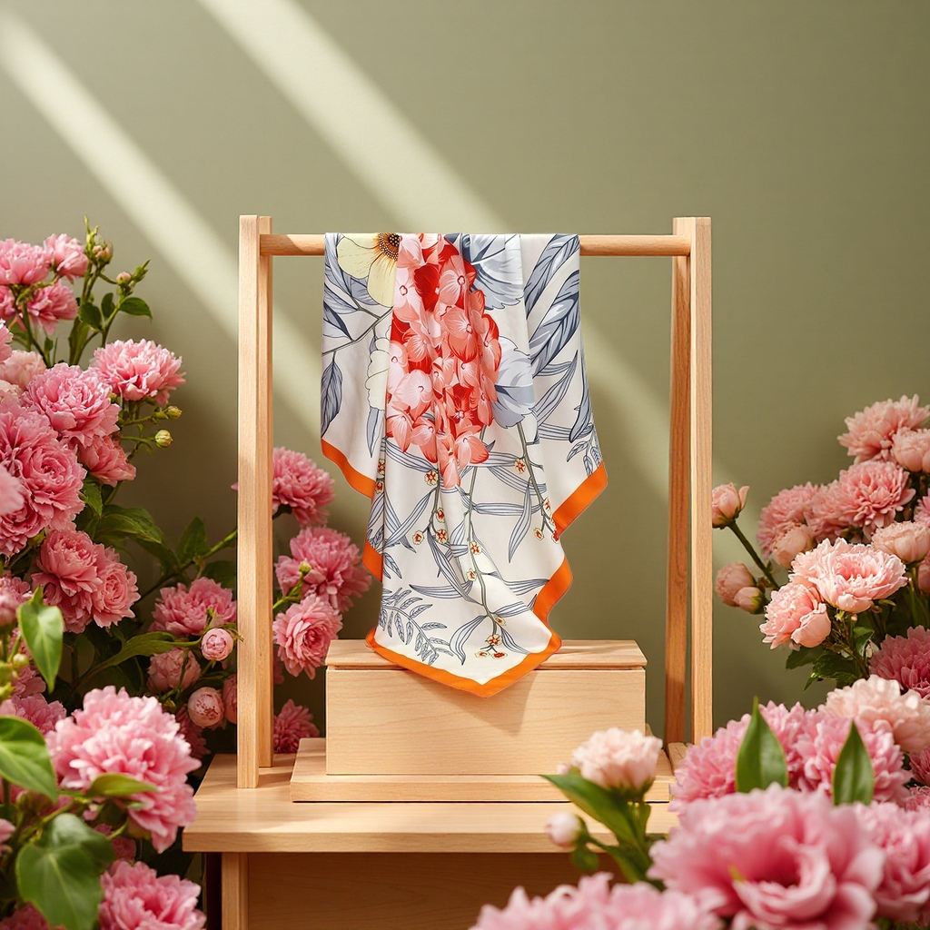 A silk scarf is a fashionable printed, lightweight, breathable and elegant lady's scarf Specification image