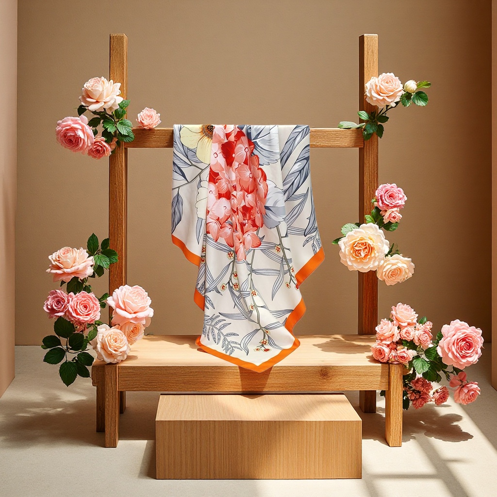A silk scarf is a fashionable printed, lightweight, breathable and elegant lady's scarf
