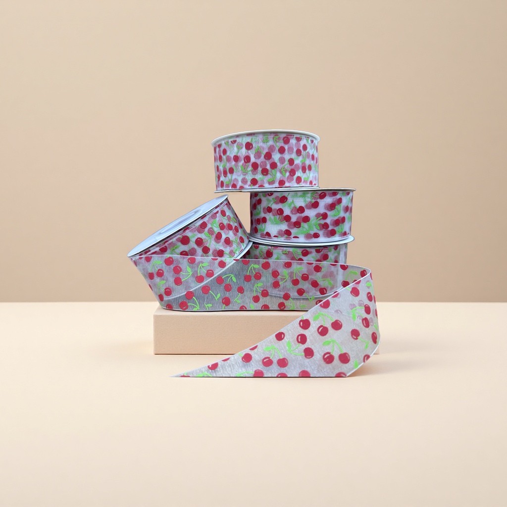 Wholesale of 4cm transparent snow gauze tape with Korean gauze printing cherry diy chanel-style gift packaging gift box decoration printing tape details Picture