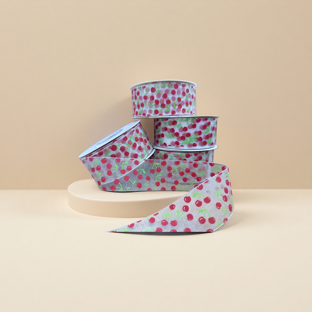 Wholesale of 4cm transparent snow gauze tape with Korean gauze printing cherry diy chanel-style gift packaging gift box decoration printing tape
