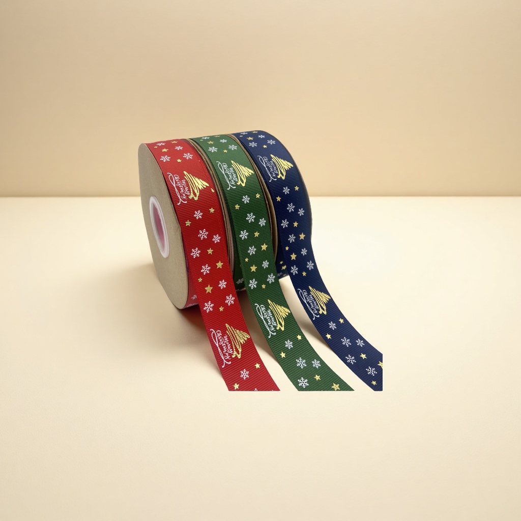2.5CM Christmas ribbon, two-color gilded printed ribbed polyester ribbon, gift packaging, Christmas tree decoration manufacturer details Picture