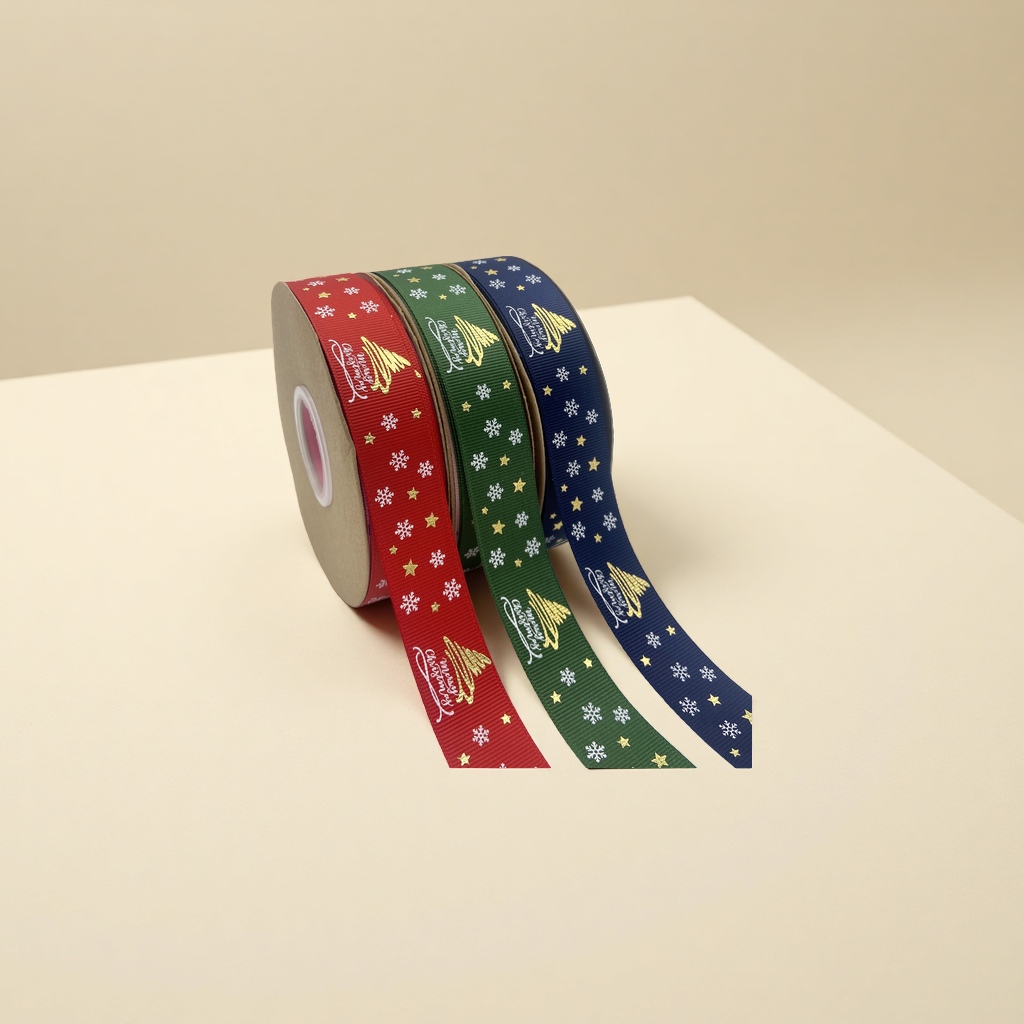 2.5CM Christmas ribbon, two-color gilded printed ribbed polyester ribbon, gift packaging, Christmas tree decoration manufacturer Specification image