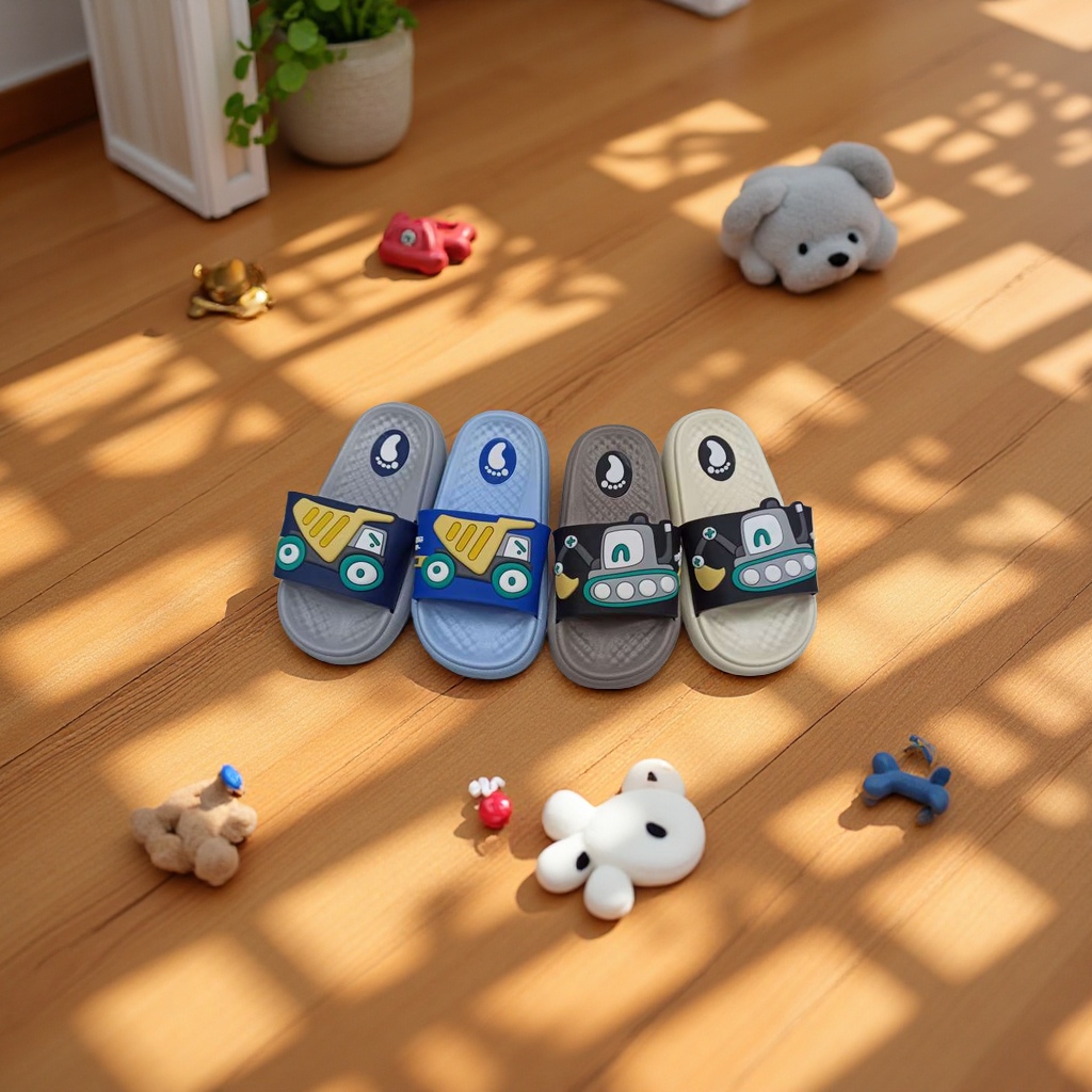Men's children's slippers with anti-slip soft soles, comfortable and breathable. Spring and summer cartoon engineering vehicle style Application Scenario