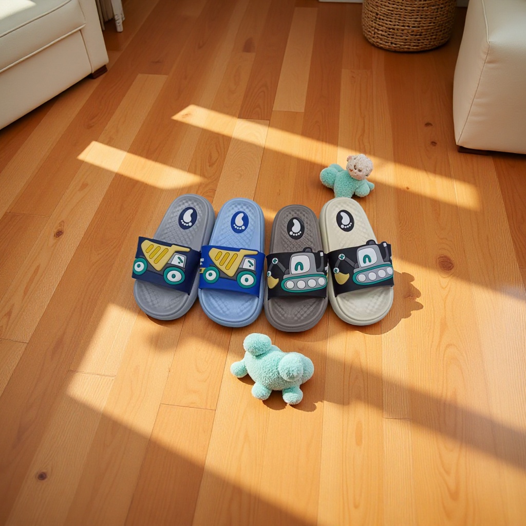 Men's children's slippers with anti-slip soft soles, comfortable and breathable. Spring and summer cartoon engineering vehicle style Specification image