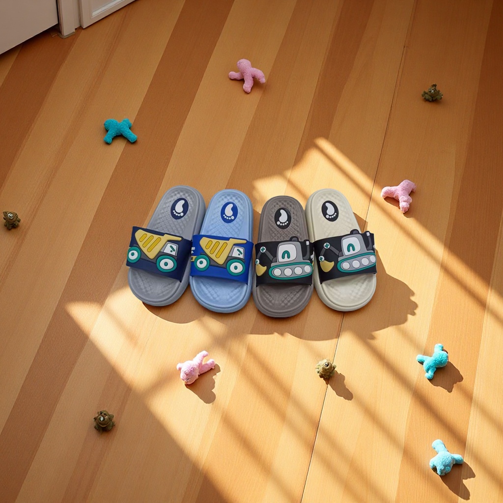 Men's children's slippers with anti-slip soft soles, comfortable and breathable. Spring and summer cartoon engineering vehicle style