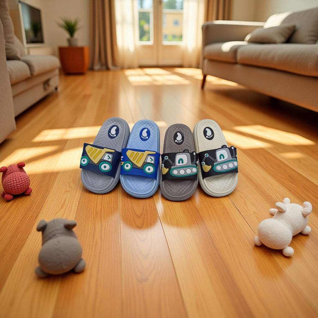 Men's children's slippers with anti-slip soft soles, comfortable and breathable. Spring and summer cartoon engineering vehicle style details Picture