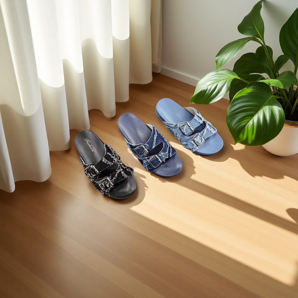 Fashionable women's summer versatile flip-flops designed in denim style details Picture