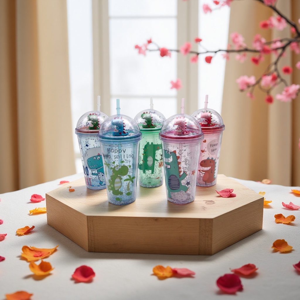Children's water cup cartoon slanted plastic cup portable, cute and leak-proof cup details Picture