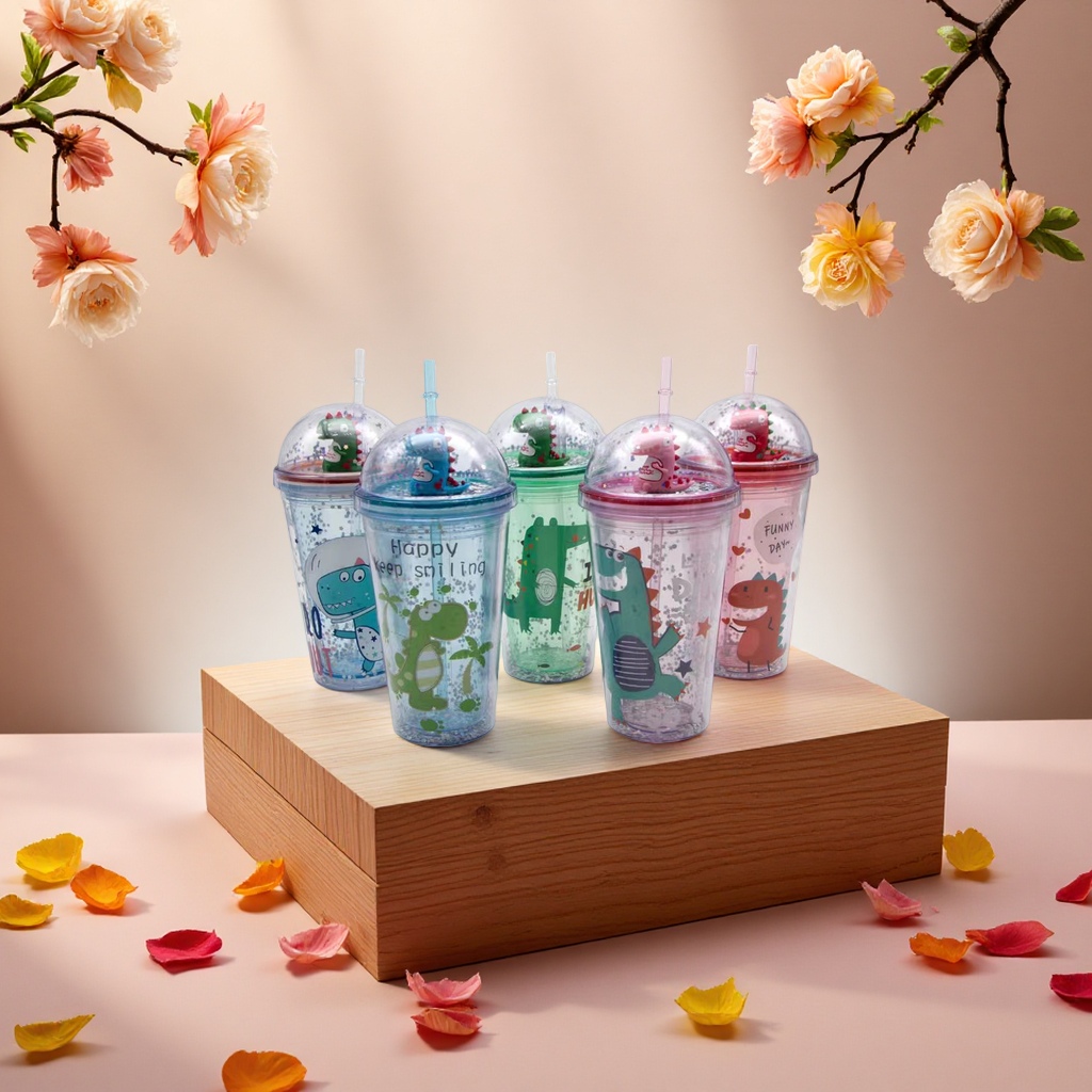 Children's water cup cartoon slanted plastic cup portable, cute and leak-proof cup Specification image