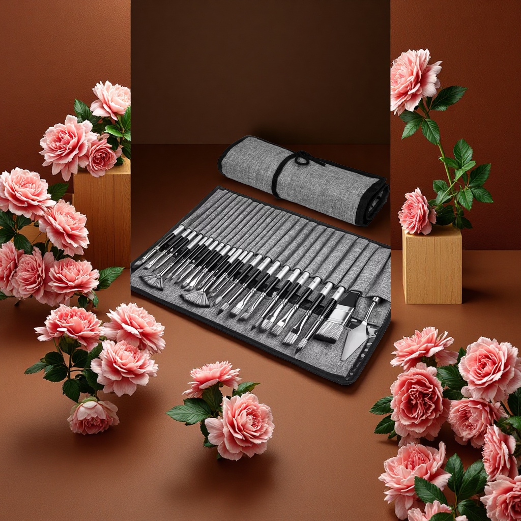 24-piece brush set cross-border bestseller: Canvas brush curtain, oil brush, nylon gouache and watercolor brush factory direct sales details Picture