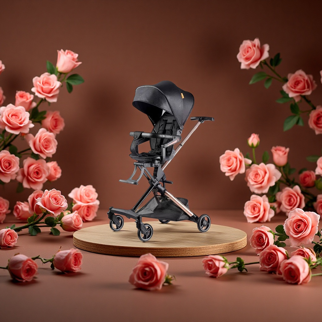 The baby stroller is lightweight and foldable for easy travel. It can be used for sitting or lying down and has a four-wheel sun protection cover. It is a perfect stroller for walking babies Specification image