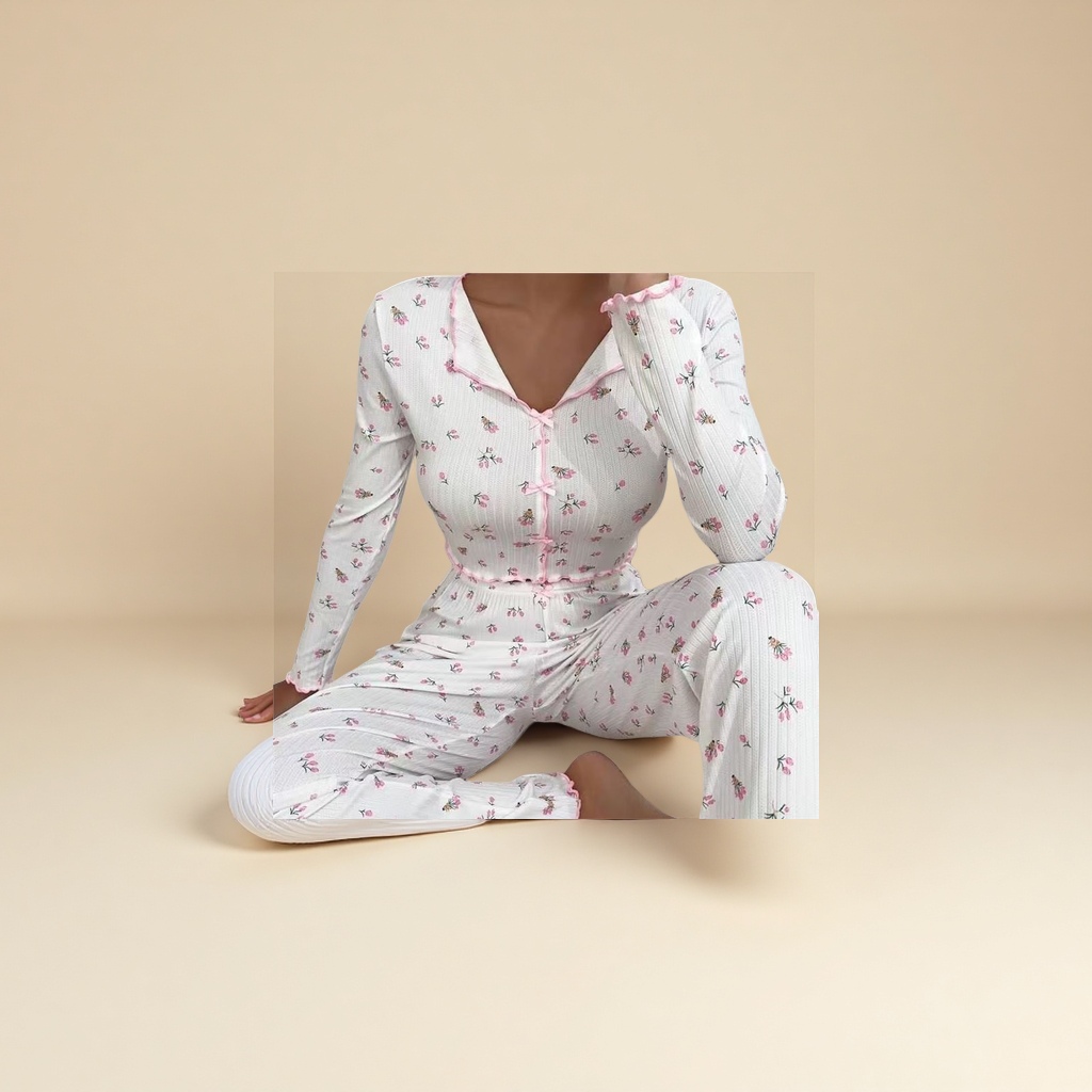 Two-piece Amazon women's casual home wear with long sleeves and long pants, floral prints, European and American style, can be worn over pajamas