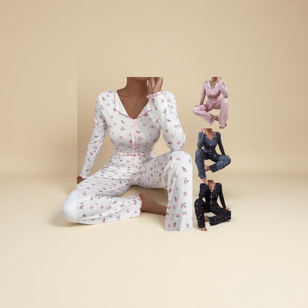 Two-piece Amazon women's home wear set with long sleeves and long pants, floral prints, European and American casual style, can be worn outside in pajamas 1 Specification image