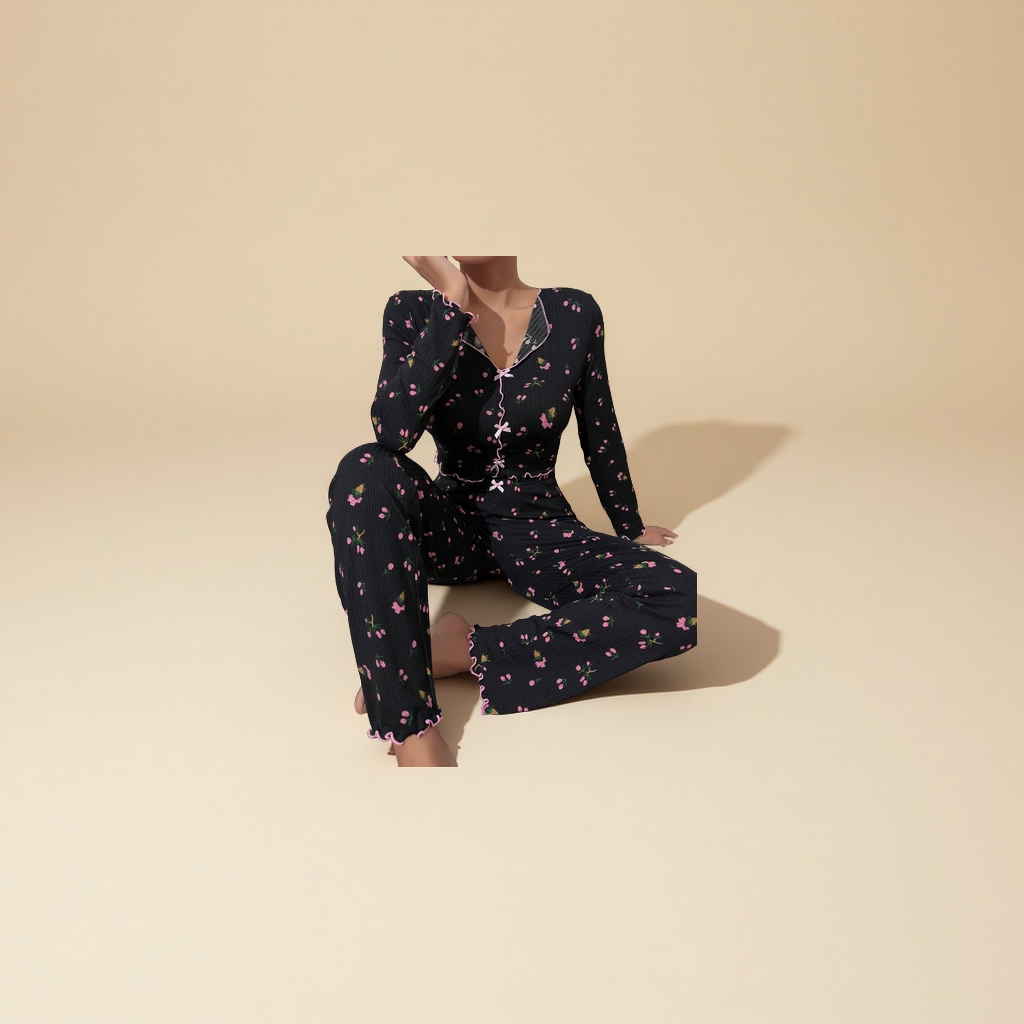 Two-piece Amazon women's home wear set with long sleeves and long pants, floral prints, European and American casual style, can be worn outside in pajamas 1 Item Picture