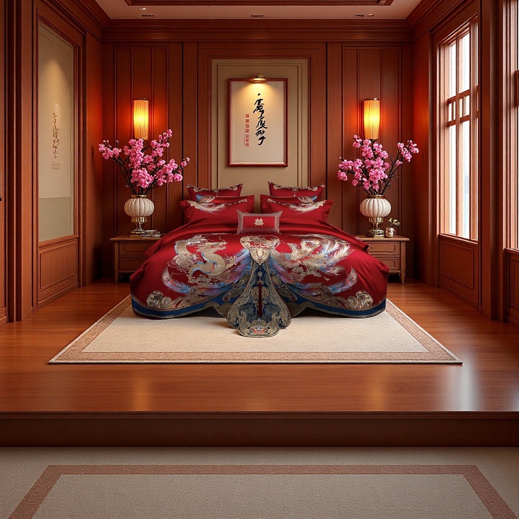 High-end Heavy Industry Dragon and Phoenix Embroidery Wedding 160S Long-staple Cotton Red Wedding Four-piece Set, All-cotton tribute satin wedding dowry Specification image
