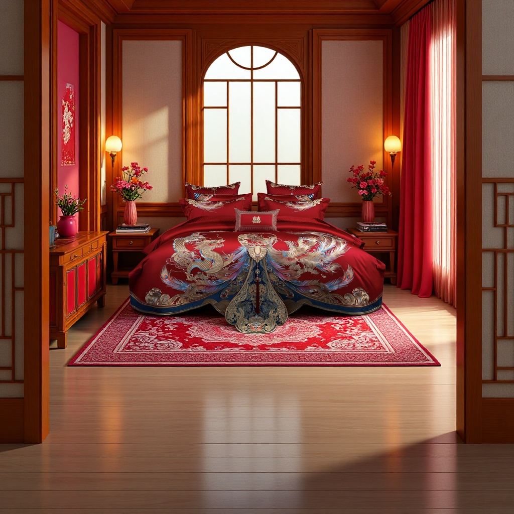 High-end Heavy Industry Dragon and Phoenix Embroidery Wedding 160S Long-staple Cotton Red Wedding Four-piece Set, All-cotton tribute satin wedding dowry details Picture