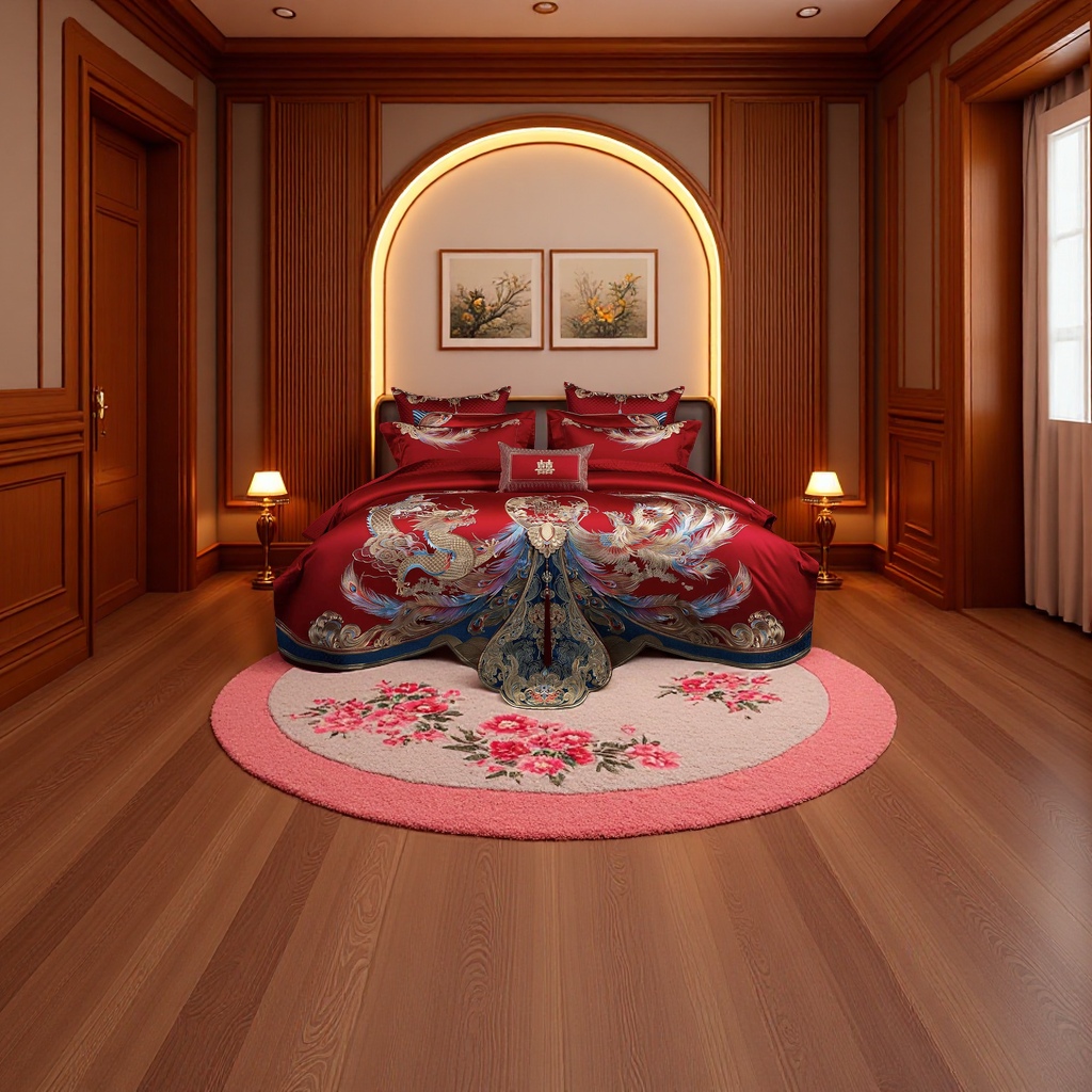 High-end Heavy Industry Dragon and Phoenix Embroidery Wedding 160S Long-staple Cotton Red Wedding Four-piece Set, All-cotton tribute satin wedding dowry Application Scenario