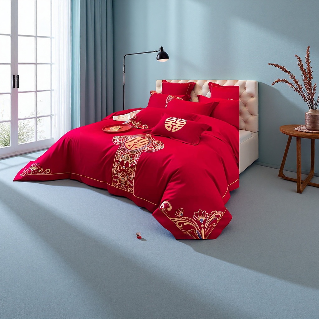 Class A baby and mother grade all-pure cotton wedding four-piece set, bright red Chinese-style embroidered bed sheets and duvet covers, wedding bedding