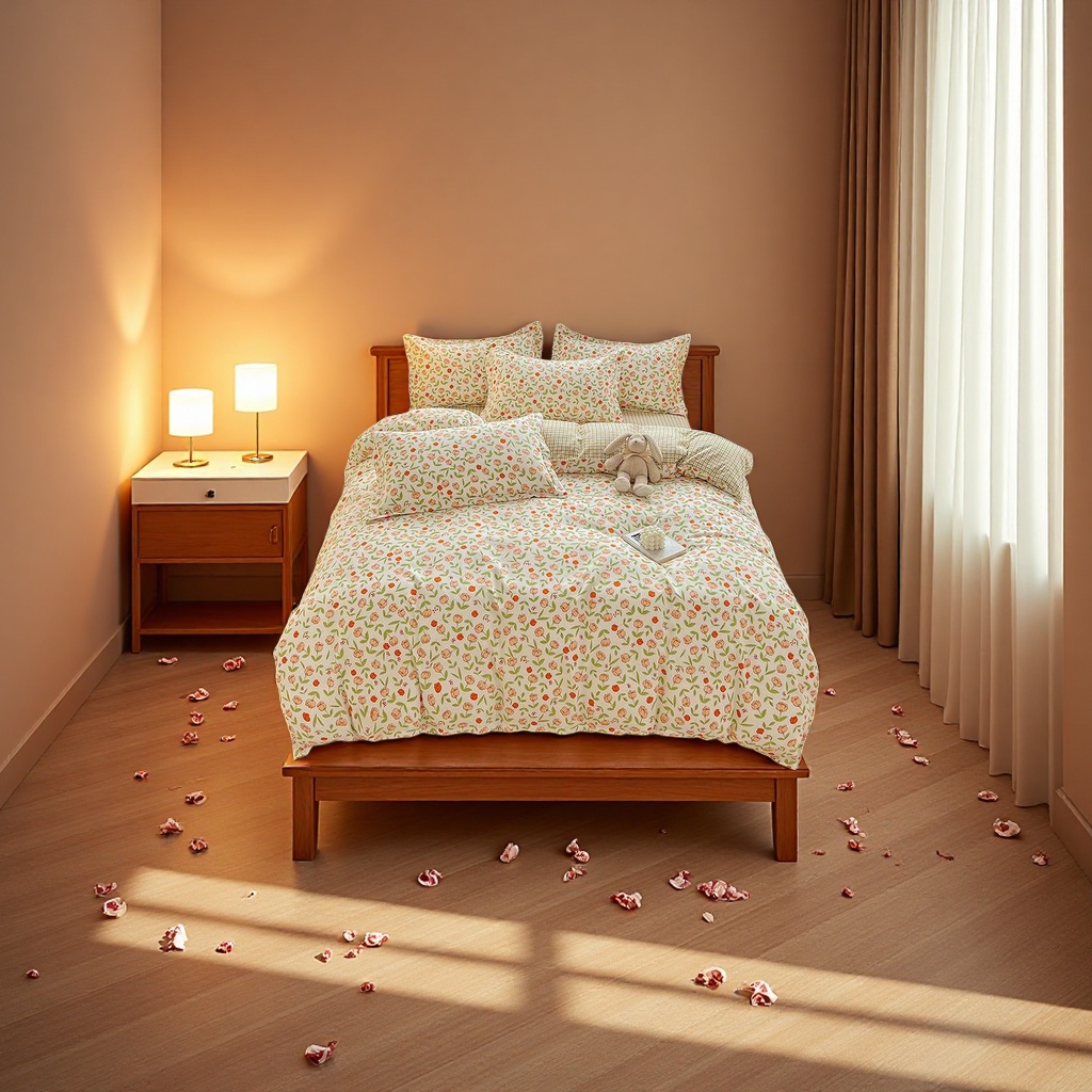 Pure cotton thickened brushed bed four-piece set, fresh and light, skin-friendly all-cotton bed sheet and duvet cover for sleeping naked details Picture