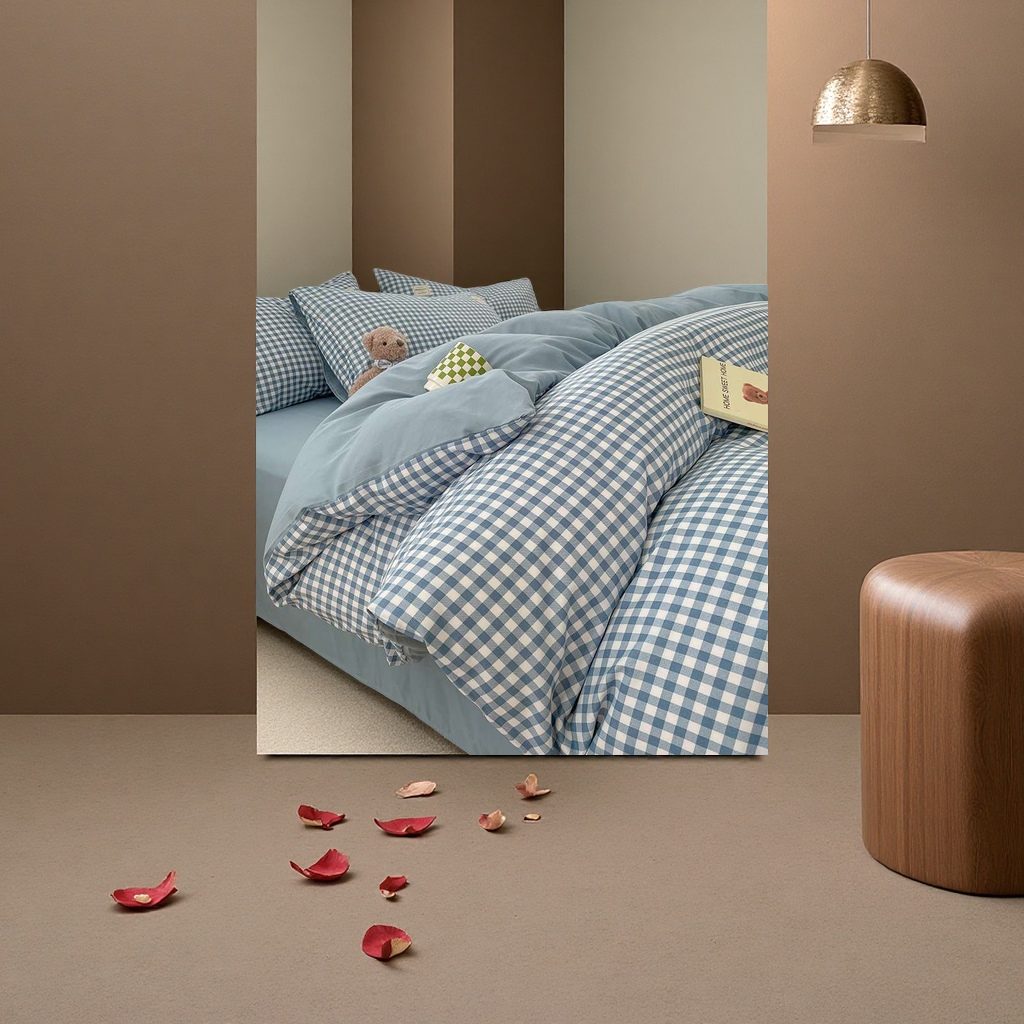 Solid color pure cotton four-piece set, Japanese simple washed cotton ins style student three-piece set, bed hat style all-cotton single quilt cover Application Scenario
