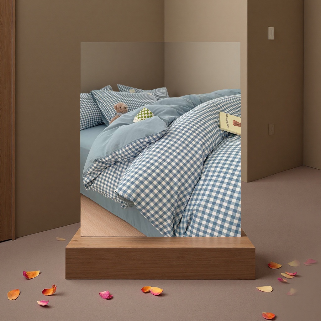 Solid color pure cotton four-piece set, Japanese simple washed cotton ins style student three-piece set, bed hat style all-cotton single quilt cover Specification image