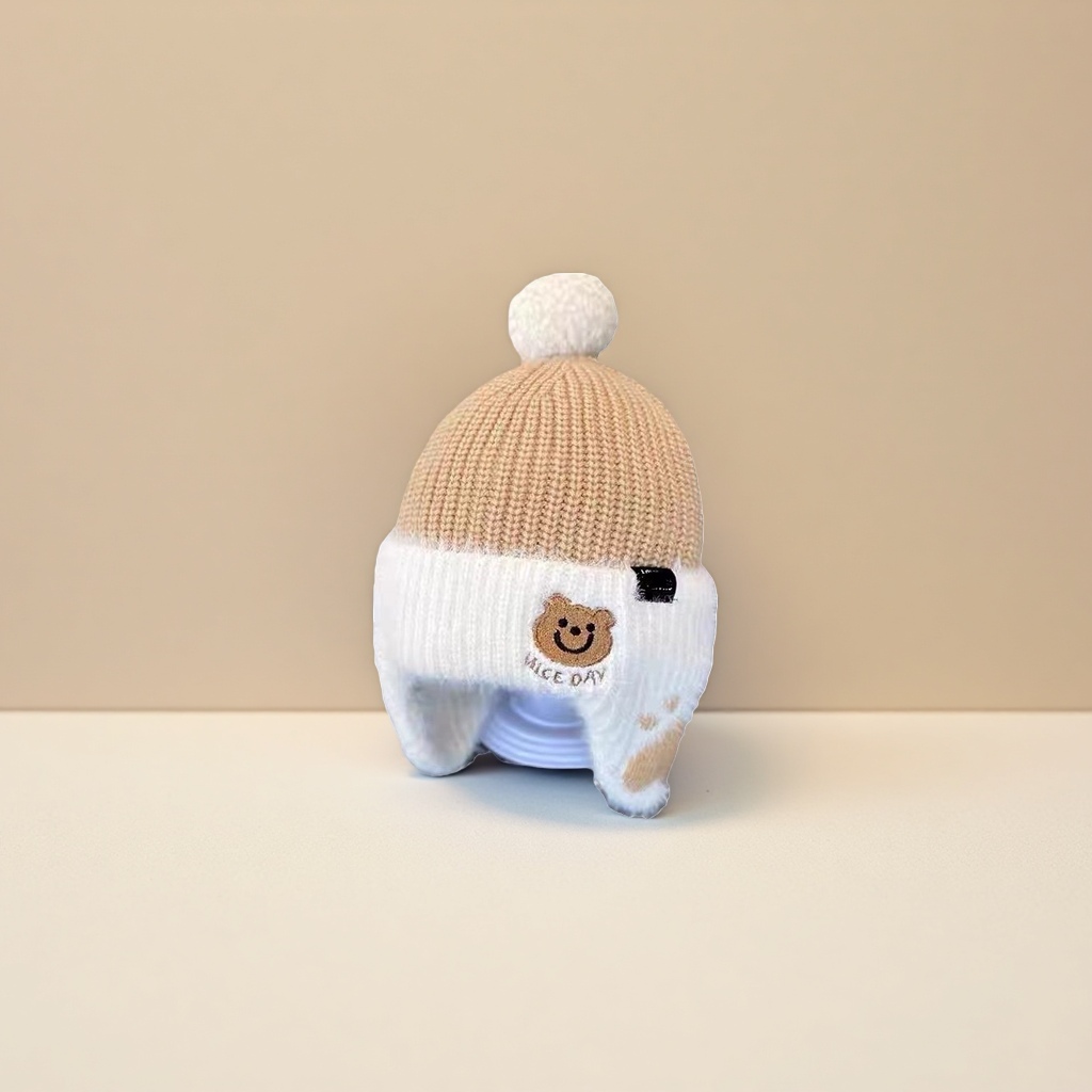 Baby hats, autumn and winter knitted hats with fleece and cotton, ear-protecting woolen hats for boys and children, warm and windproof, mink fur details Picture
