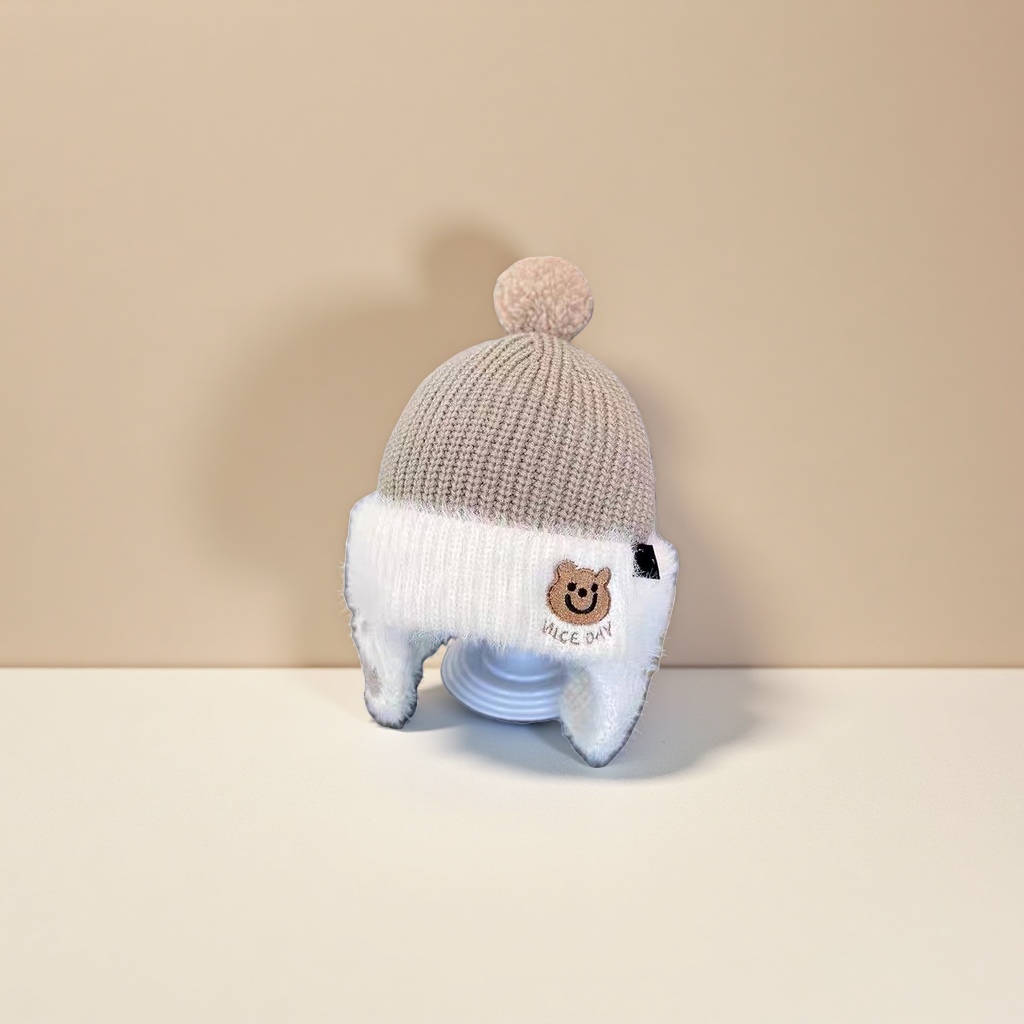 Baby hats, autumn and winter knitted hats with fleece and cotton, ear-protecting woolen hats for boys and children, warm and windproof, mink fur Item Picture