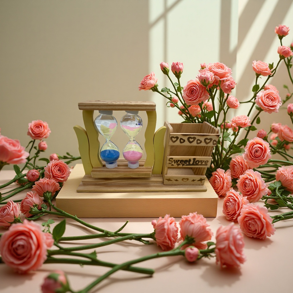 Solid wood flowing sand pen holder as a creative office decoration details Picture