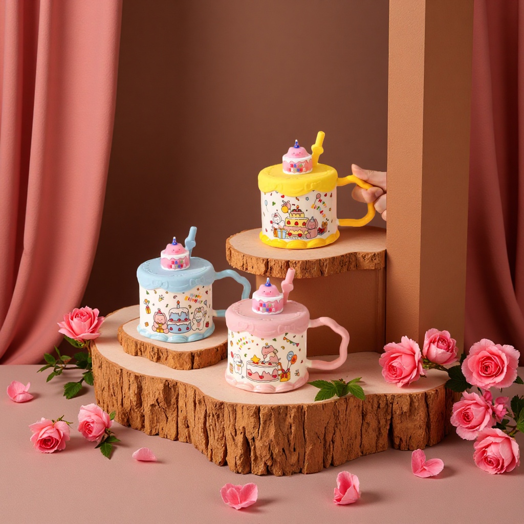 420ml portable and durable ceramic cake cartoon cup with sealed lid