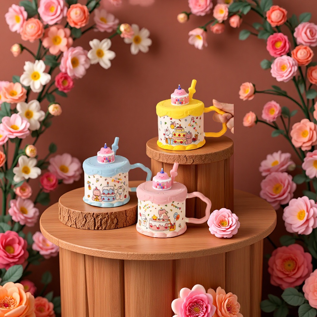 420ml portable and durable ceramic cake cartoon cup with sealed lid Specification image