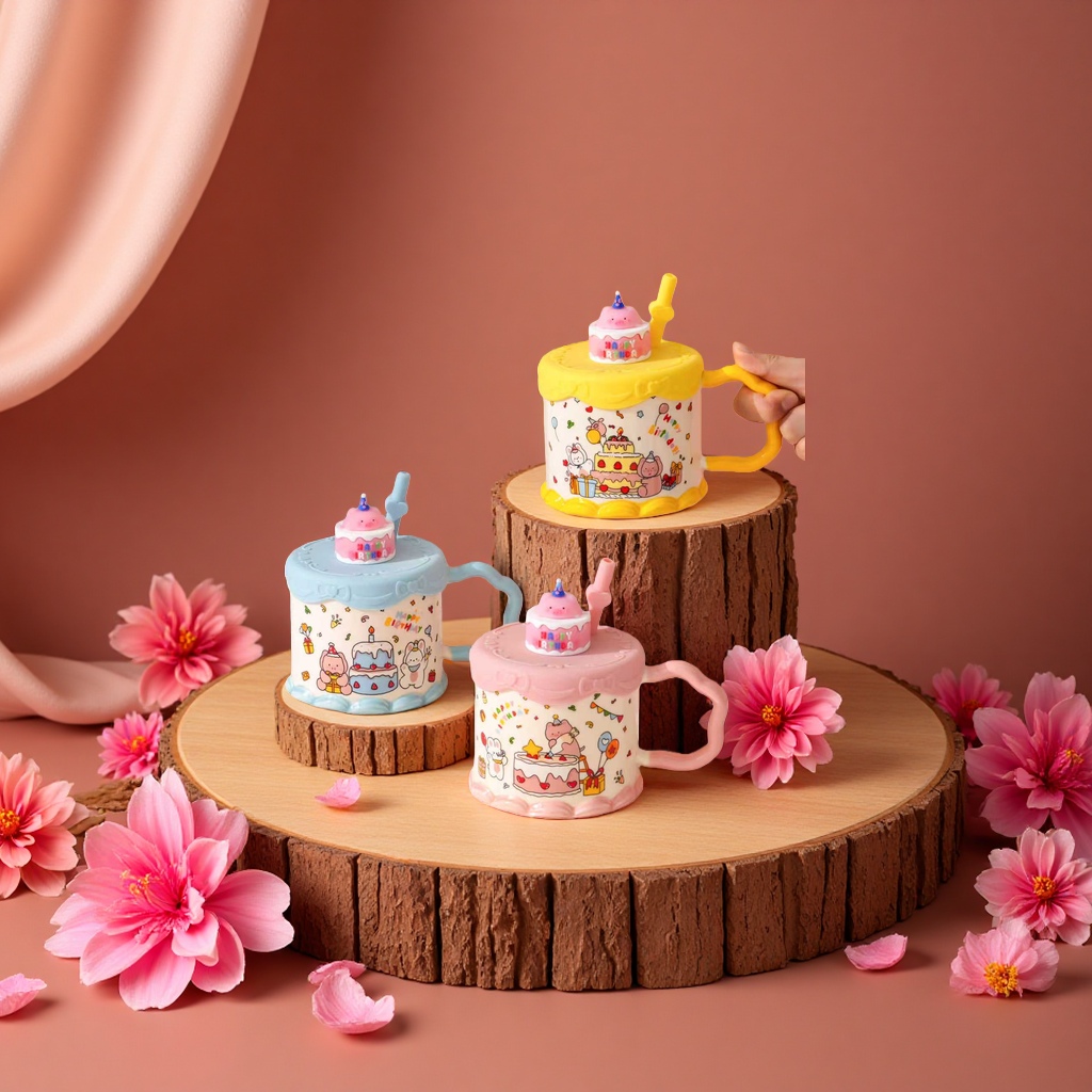 420ml portable and durable ceramic cake cartoon cup with sealed lid details Picture