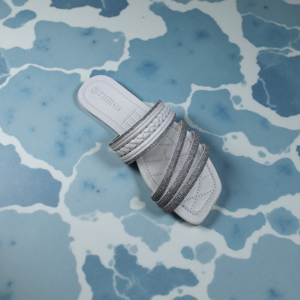 Women's summer fashion versatile flip-flops with white straps and rhinestones details Picture