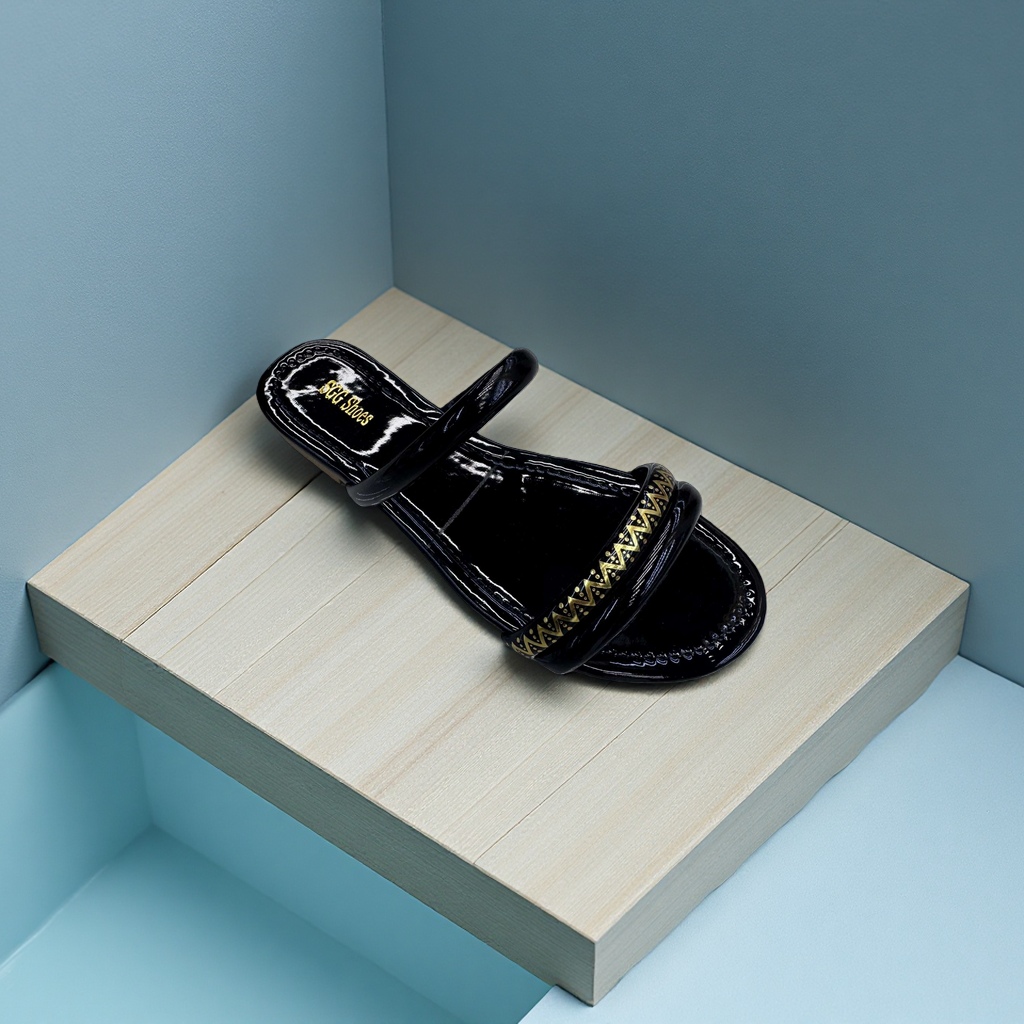 Black and gold-patterned cool summer slippers for women