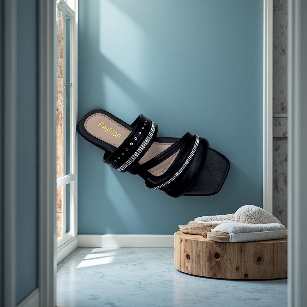 Black summer fashionable and versatile women's flip-flops with diamonds Application Scenario