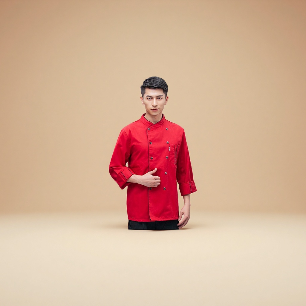 Red short-sleeved chef's uniform, breathable for men in summer, kitchen, cafeteria, and back kitchen work clothes, as well as work clothes for restaurants and hot pot restaurants detail image 4