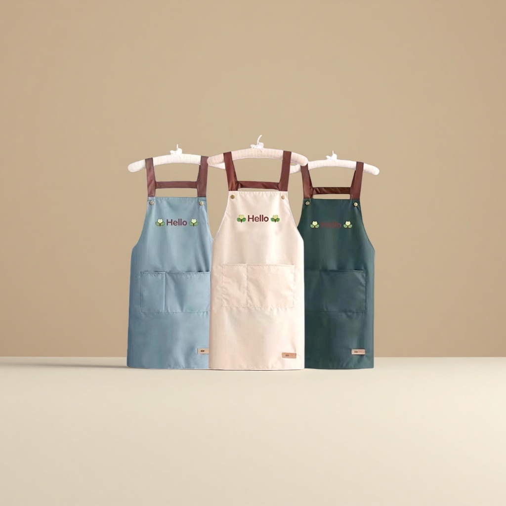 Women's summer waterproof and oil-proof apron, home kitchen work clothes, dirt-resistant, logo and letter-printed thin waistband details Picture