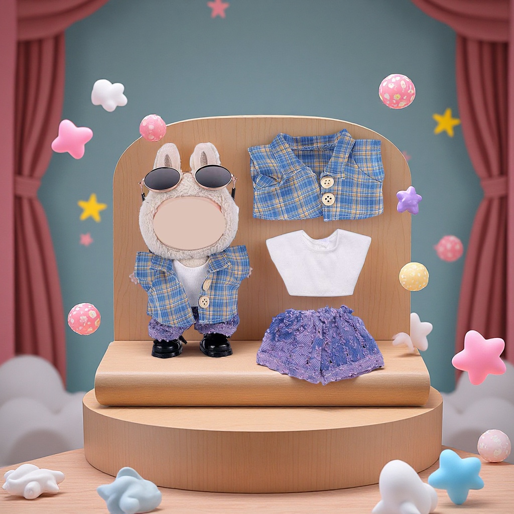 Only suitable for 17cm cloth clothes, hanging pieces, children's clothes, 8-shaped checkered overalls and pants set Specification image