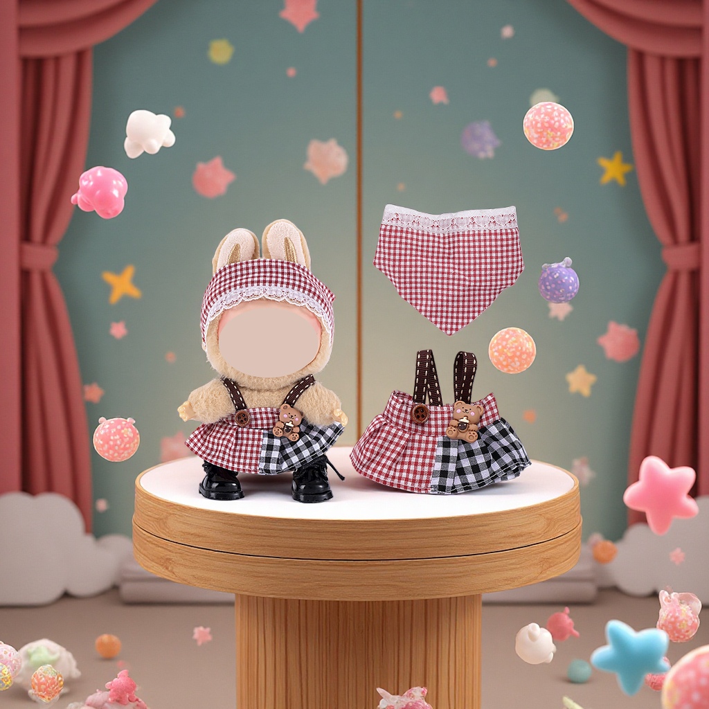 Only suitable for 17cm cloth clothes, hanging pieces, children's clothes, 8-shaped checkered overalls and pants set Item Picture