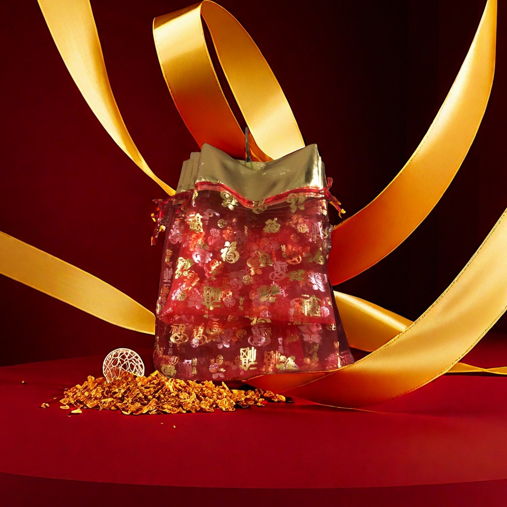 Bolsa de regalo de la palabra de oro estampado en caliente feliz paquete rojo año nuevo para regalar especial