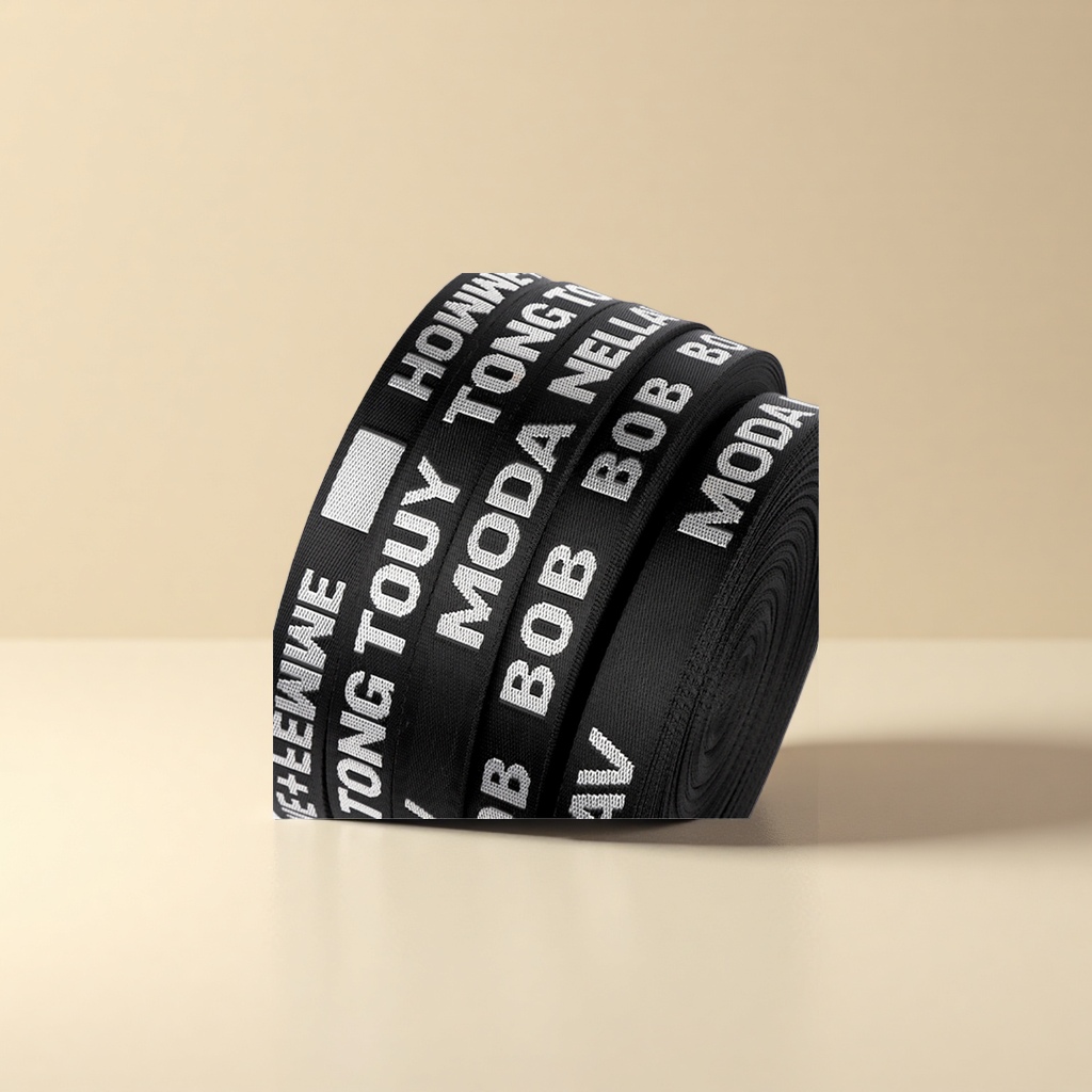 Black woven tape with text patterns, ribbed tape, ribbon woven tape, gradient scallion pink gauze tape details Picture