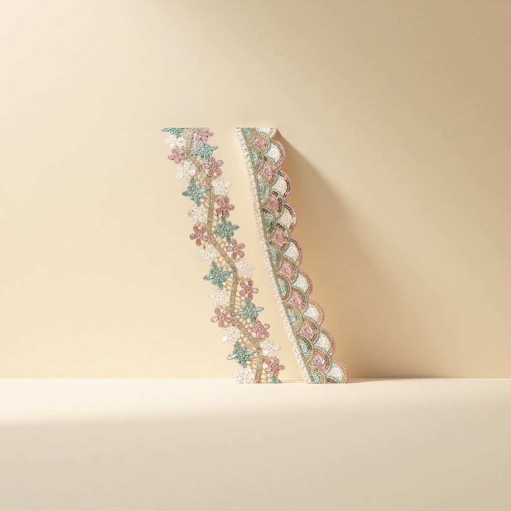 Ethnic-style embroidery water-soluble lace with two-color gold flat embroidery thread and colorful sequined lace as clothing accessories Application Scenario