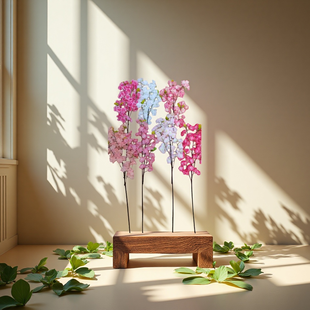 Artificial flower handicrafts, decorative flowers, artificial flowers, single cherry blossoms with leaves, in stock, colors can be customized Item Picture